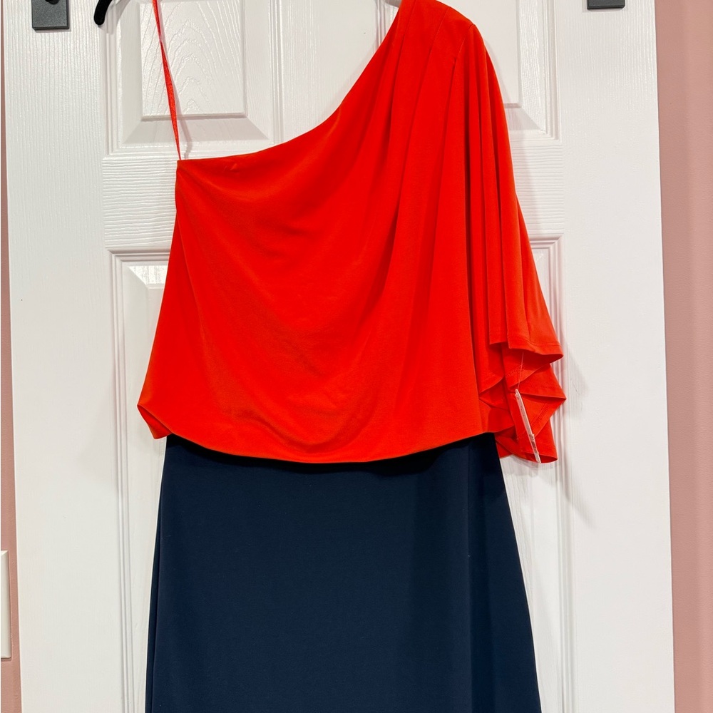 Jessica Simpson One Shoulder Dress in Bright Orange Red and Deep Navy